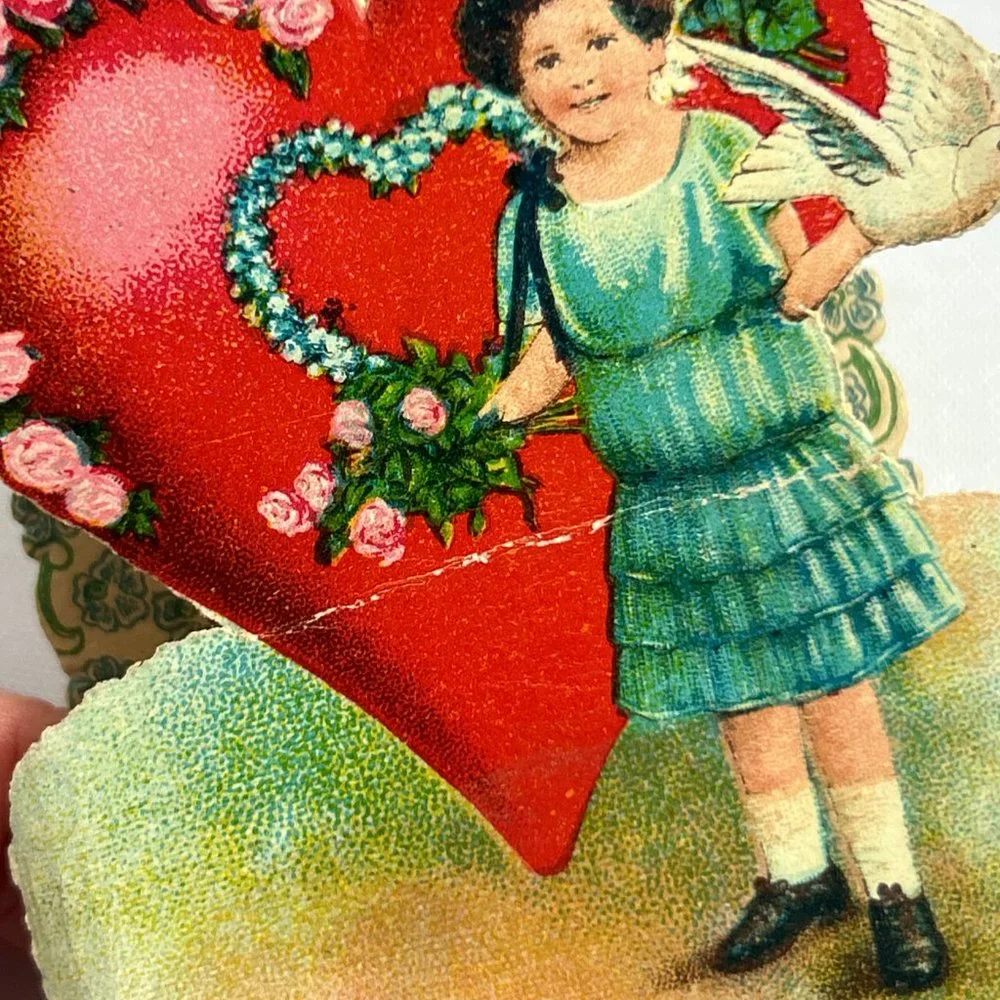 Antique Valentine Fold Out Card 3D Loving Greetings Germany Heart Dove Roses